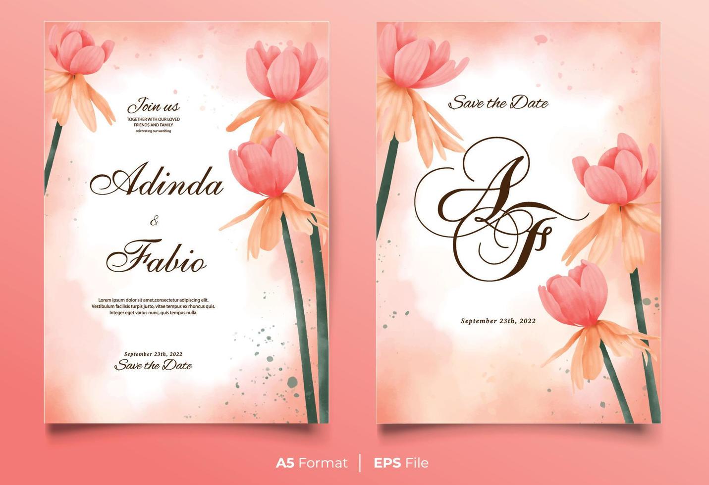 Watercolor wedding invitation template with pink and yellow flower ornament vector