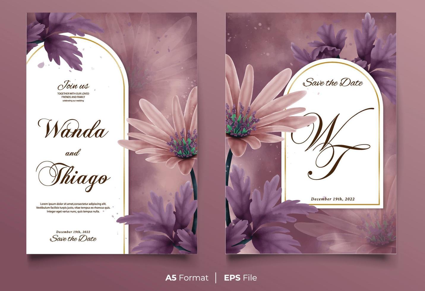 plantilla de invitación de boda de acuarela con adorno de flor de melocotón y púrpura vector