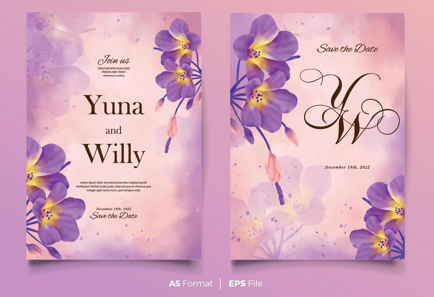 plantilla de invitación de boda en acuarela con adorno de flores moradas y amarillas vector