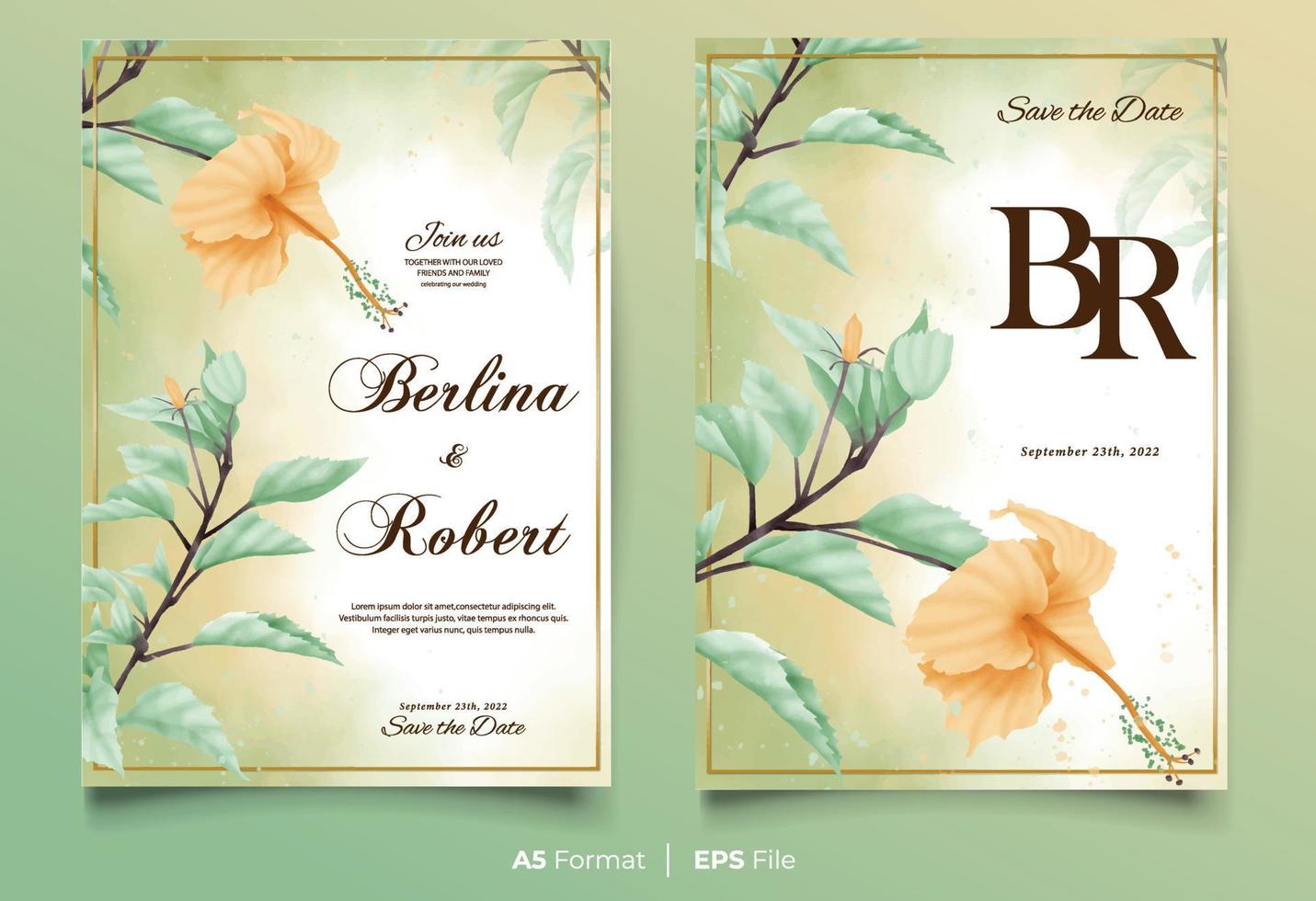 plantilla de invitación de boda de acuarela con adorno de flores amarillas y verdes vector