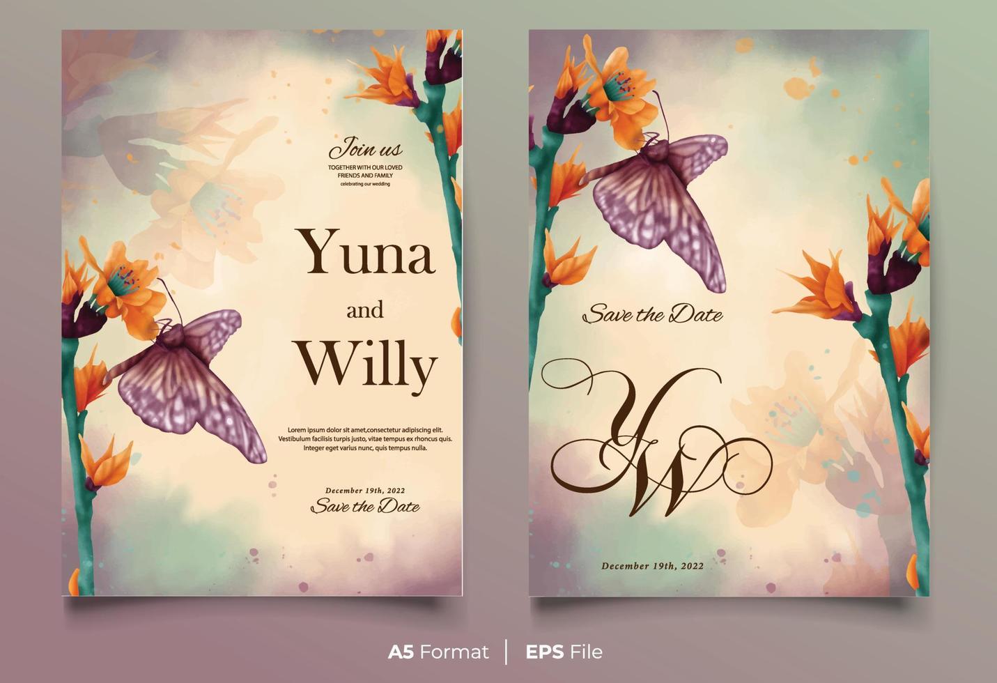 Watercolor wedding invitation template with green yellow flower and purple butterfly ornament vector