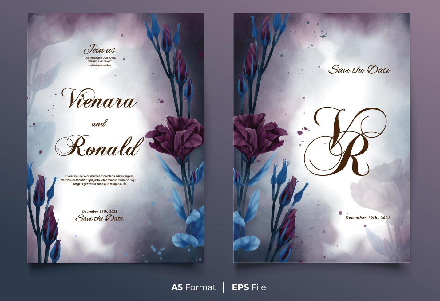 Watercolor wedding invitation template with dark purple and blue flower ornament vector