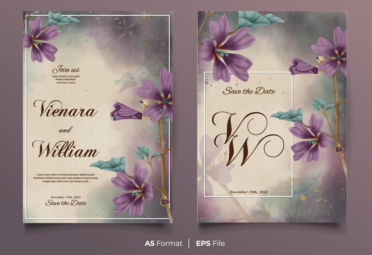 plantilla de invitación de boda en acuarela con adorno de flores moradas y verdes vector