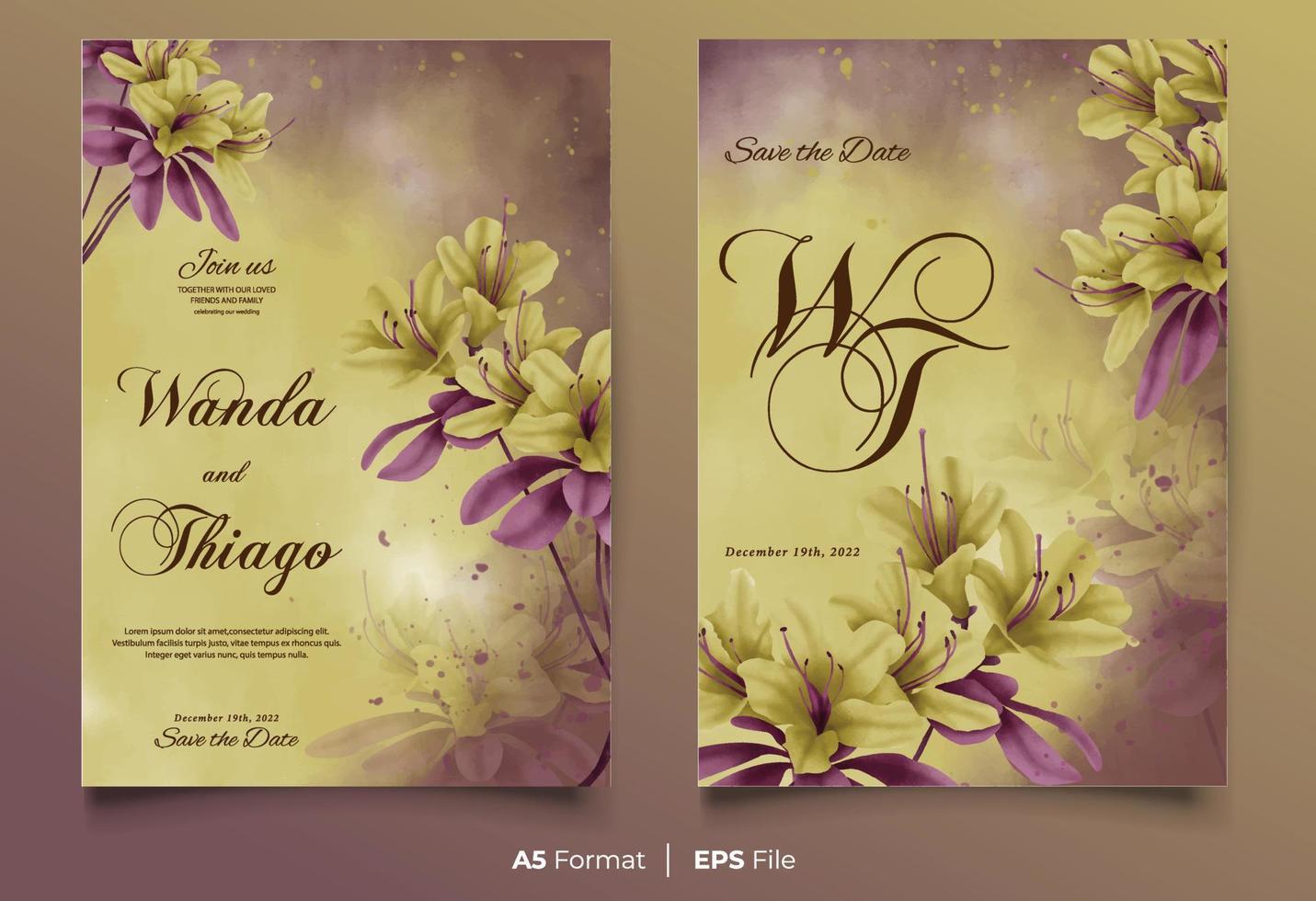 Watercolor wedding invitation template with yellow and purple flower ornament vector