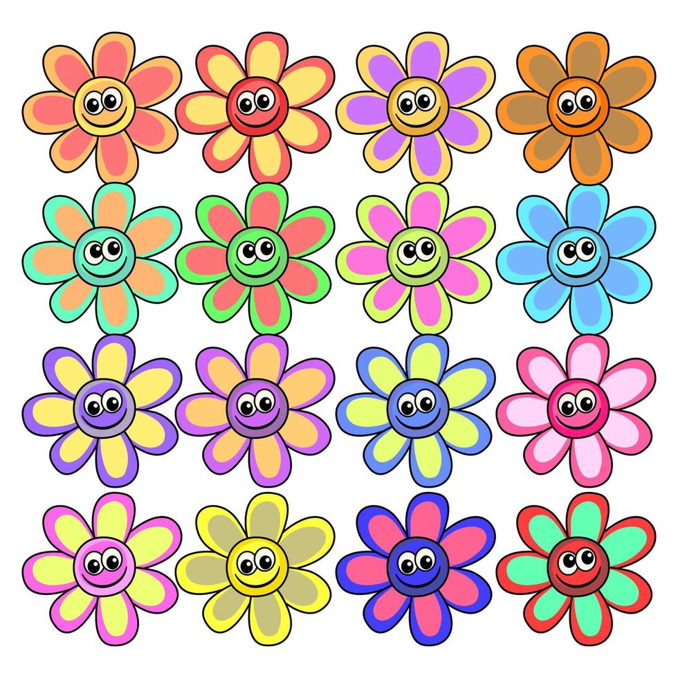 feliz colección de flores de margarita de dibujos animados vector