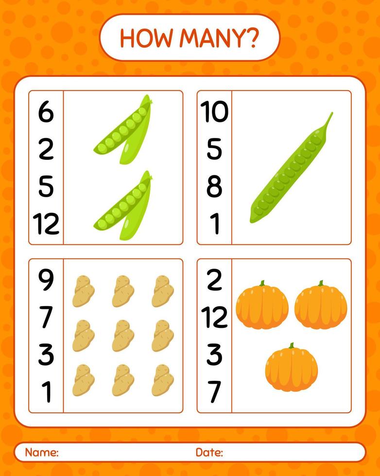 How many counting game with vegetables. worksheet for preschool kids, kids activity sheet, printable worksheet vector