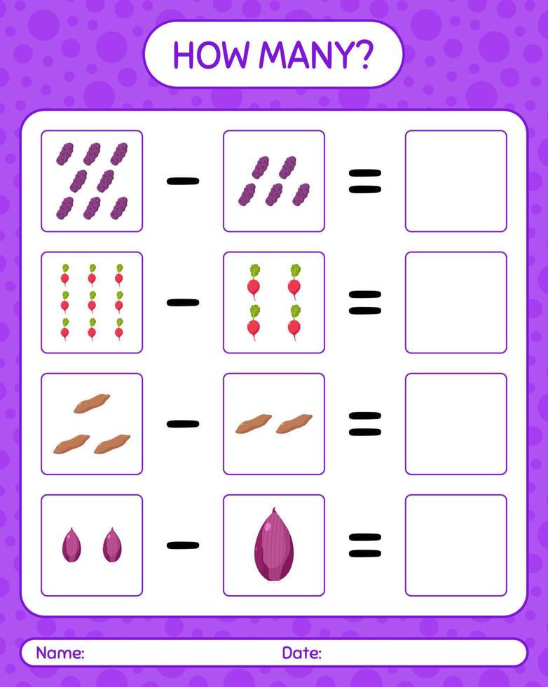 How many counting game with vegetables. worksheet for preschool kids, kids activity sheet, printable worksheet vector