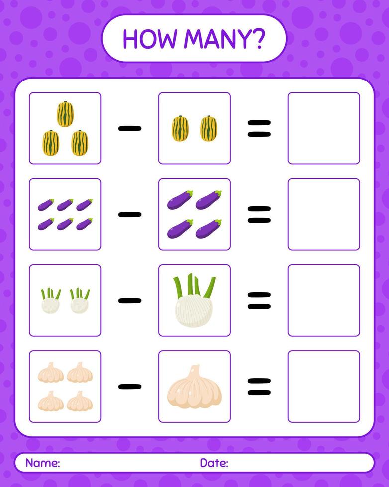 How many counting game with vegetables. worksheet for preschool kids, kids activity sheet, printable worksheet vector