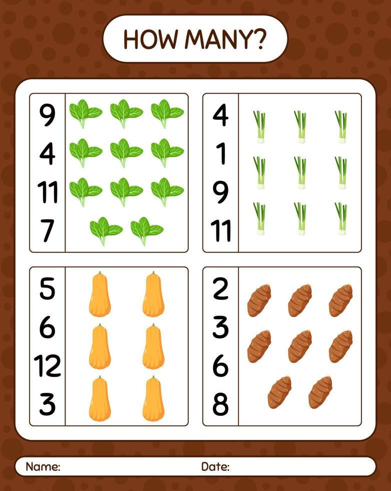 How many counting game with vegetables. worksheet for preschool kids, kids activity sheet, printable worksheet vector
