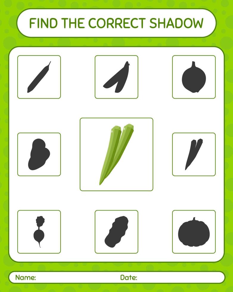 encuentra el juego de sombras correcto con okra. hoja de trabajo para niños en edad preescolar, hoja de actividades para niños vector