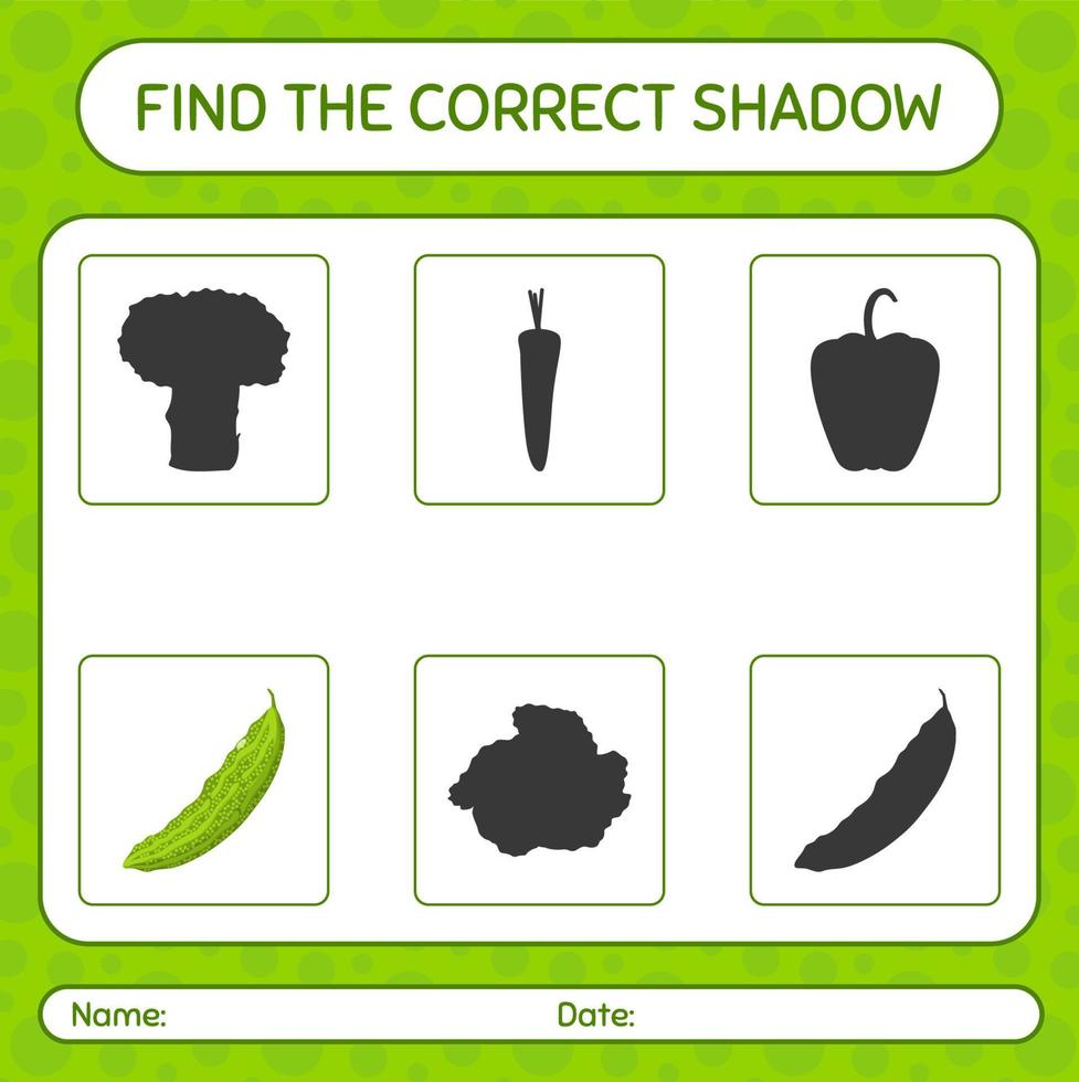 encuentra el juego de sombras correcto con melón amargo. hoja de trabajo para niños en edad preescolar, hoja de actividades para niños vector