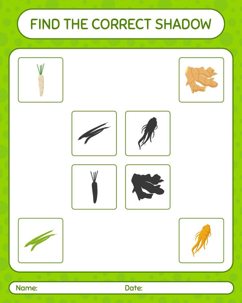 Find the correct shadows game with vegetables. worksheet for preschool kids, kids activity sheet vector