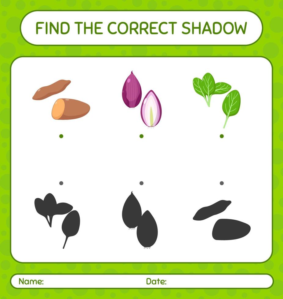 Find the correct shadows game with vegetables. worksheet for preschool kids, kids activity sheet vector