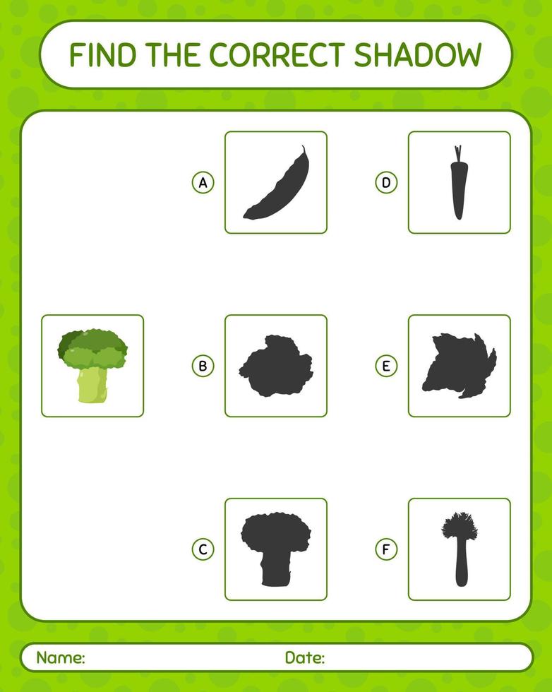 Find the correct shadows game with broccoli. worksheet for preschool kids, kids activity sheet vector