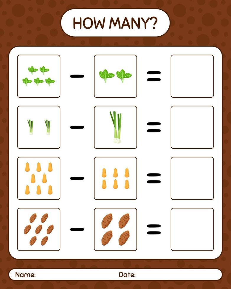 How many counting game with vegetables. worksheet for preschool kids, kids activity sheet, printable worksheet vector