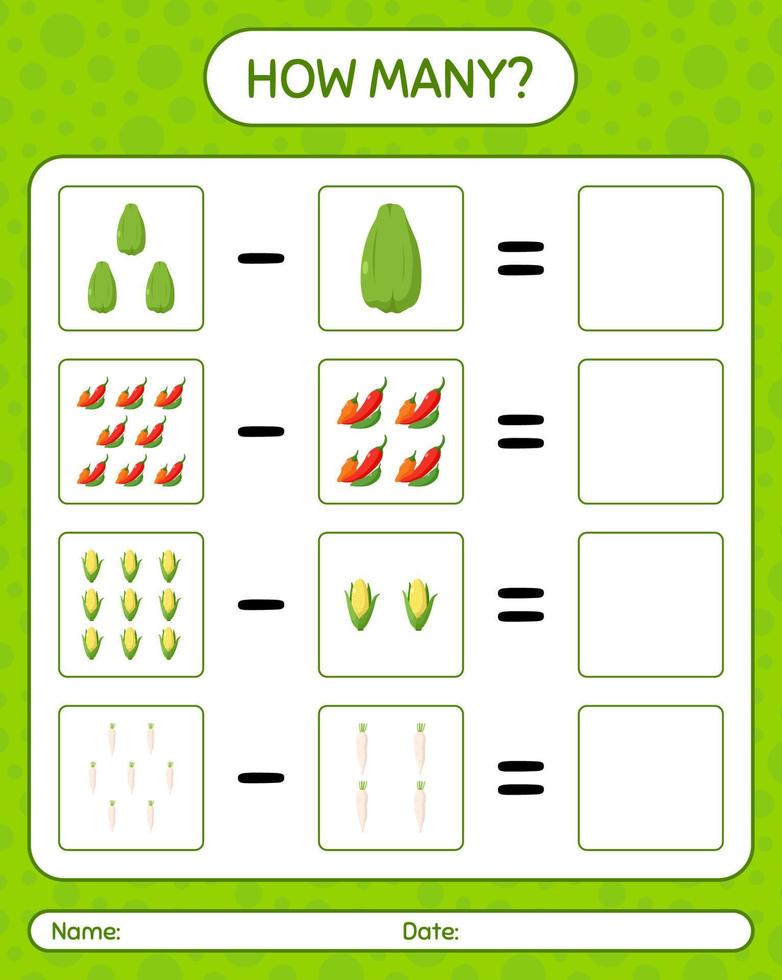 How many counting game with vegetables. worksheet for preschool kids, kids activity sheet, printable worksheet vector