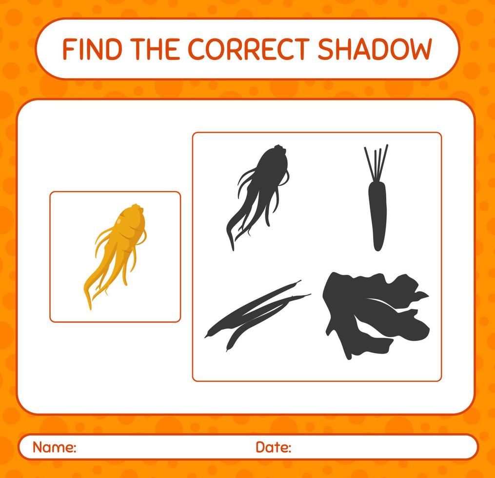 Find the correct shadows game with ginseng. worksheet for preschool kids, kids activity sheet vector