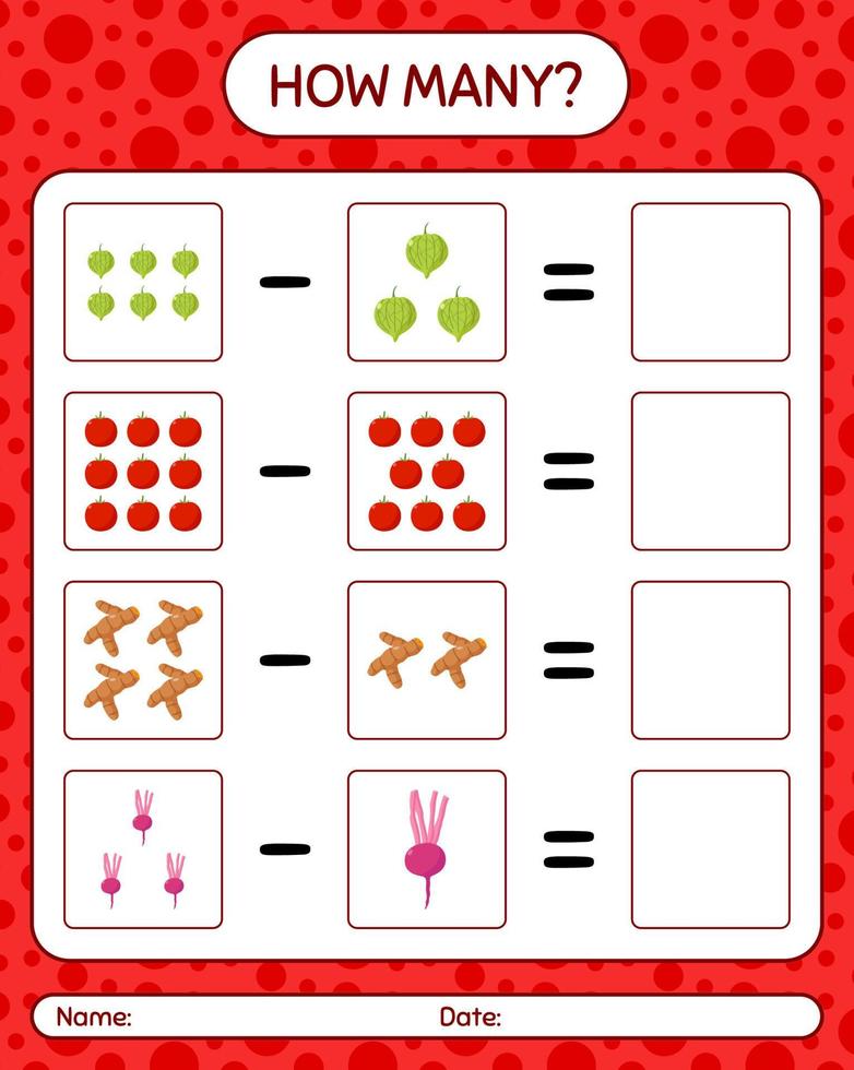 How many counting game with vegetables. worksheet for preschool kids, kids activity sheet, printable worksheet vector