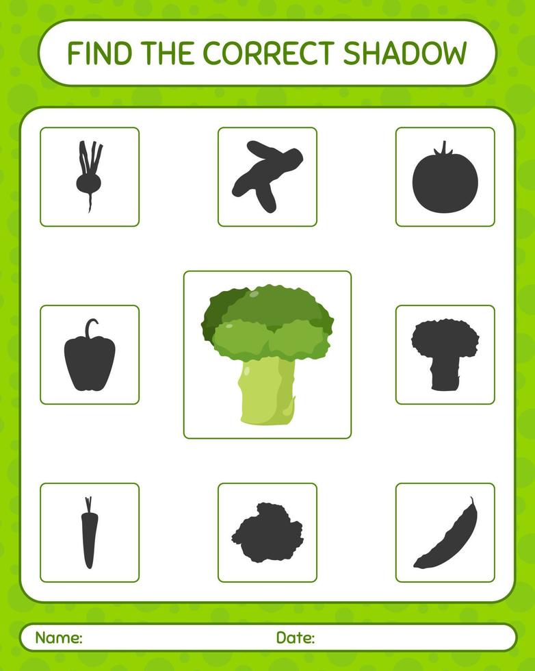 Find the correct shadows game with broccoli. worksheet for preschool kids, kids activity sheet vector