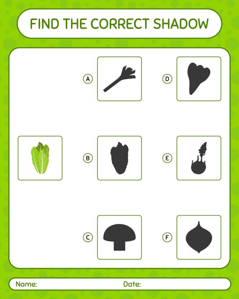 Find the correct shadows game with lettuce. worksheet for preschool kids, kids activity sheet vector