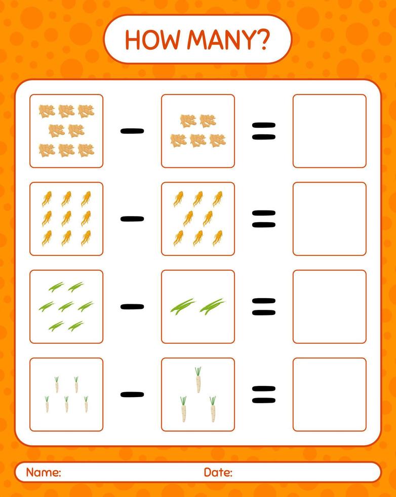 How many counting game with vegetables. worksheet for preschool kids, kids activity sheet, printable worksheet vector