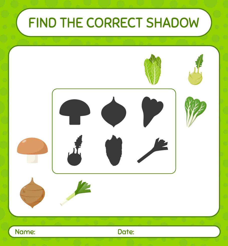 encuentra el juego de sombras correcto con vegetales. hoja de trabajo para niños en edad preescolar, hoja de actividades para niños vector