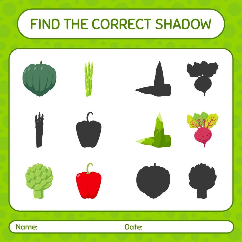 Find the correct shadows game with vegetables. worksheet for preschool kids, kids activity sheet vector