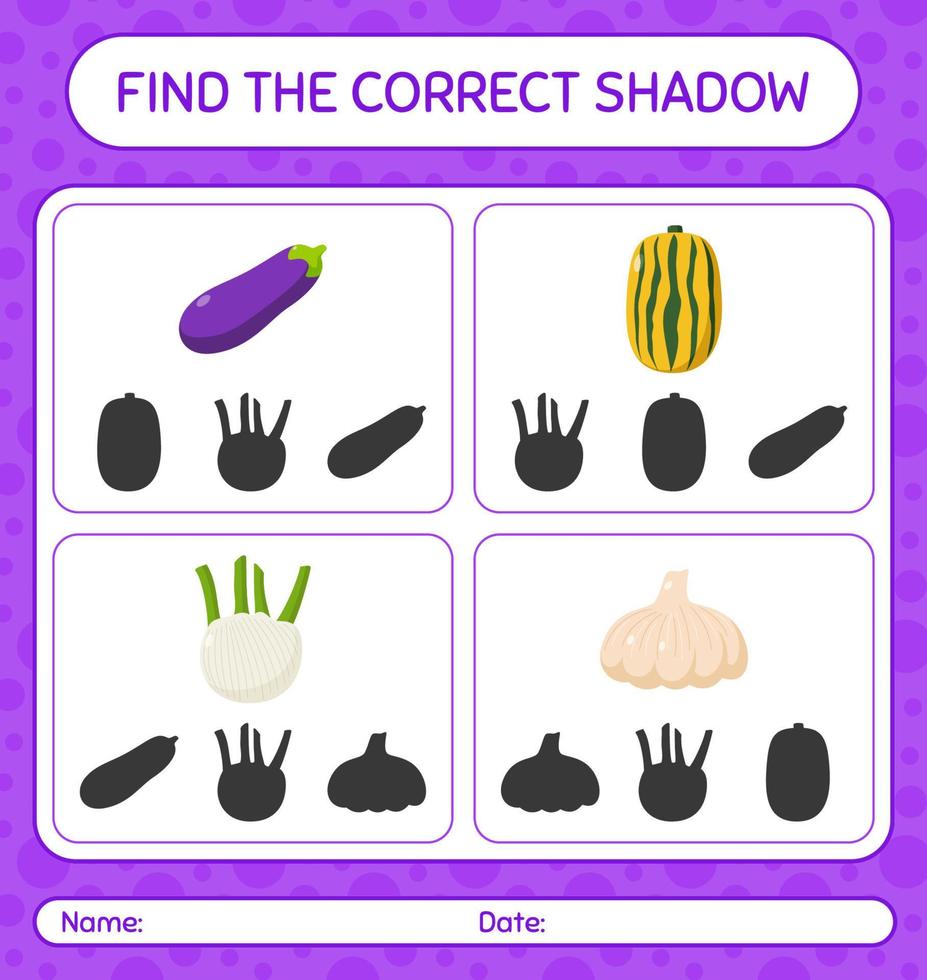 Find the correct shadows game with vegetables. worksheet for preschool kids, kids activity sheet vector