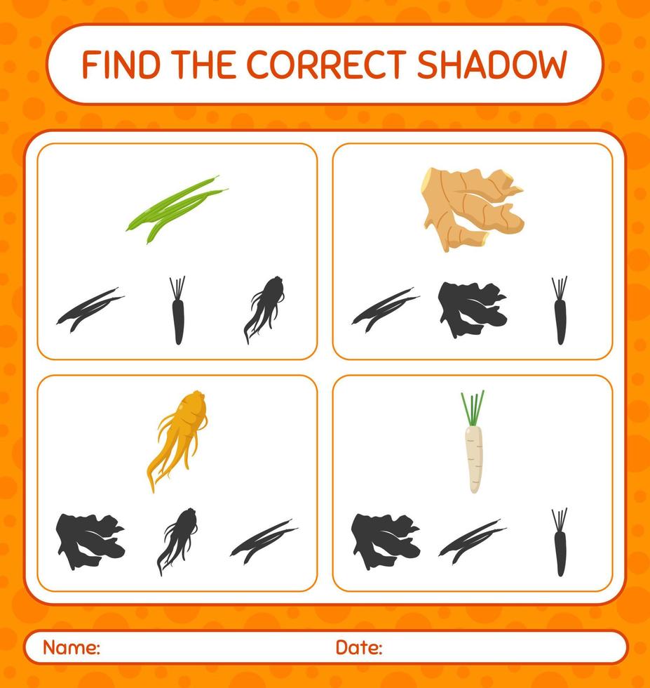 encuentra el juego de sombras correcto con vegetales. hoja de trabajo para niños en edad preescolar, hoja de actividades para niños vector