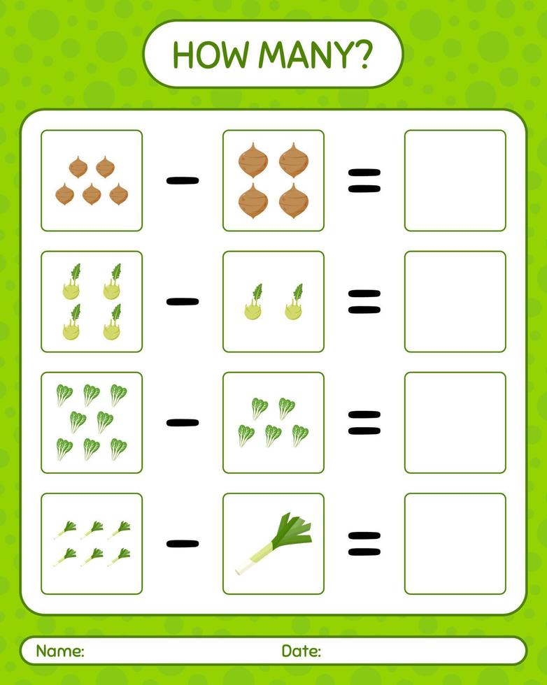 How many counting game with vegetables. worksheet for preschool kids, kids activity sheet, printable worksheet vector