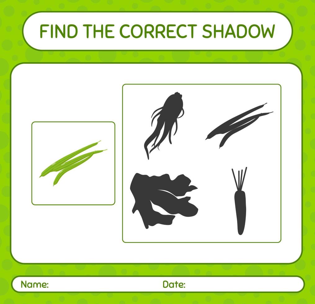 encuentra el juego de sombras correcto con judía verde. hoja de trabajo para niños en edad preescolar, hoja de actividades para niños vector