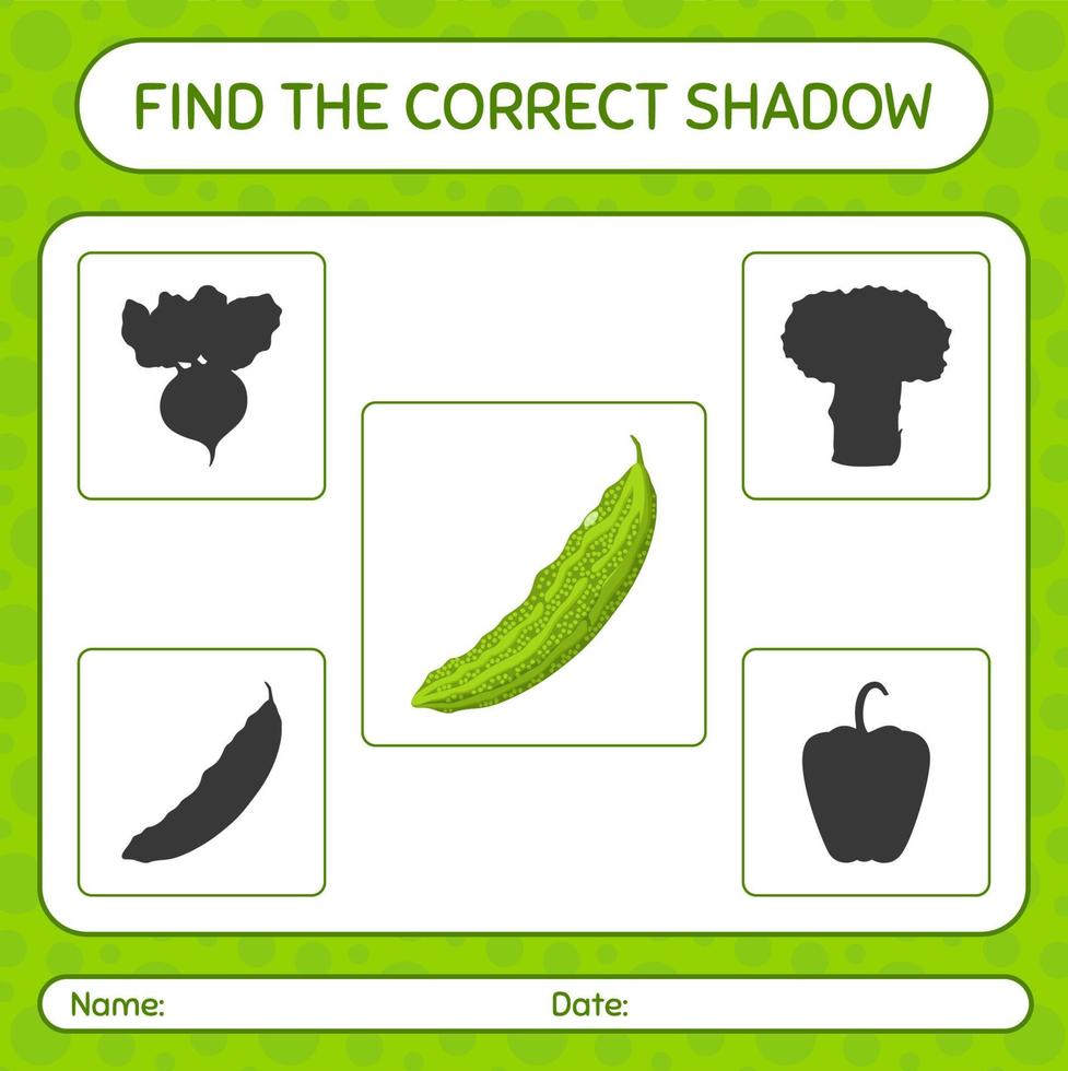 encuentra el juego de sombras correcto con melón amargo. hoja de trabajo para niños en edad preescolar, hoja de actividades para niños vector