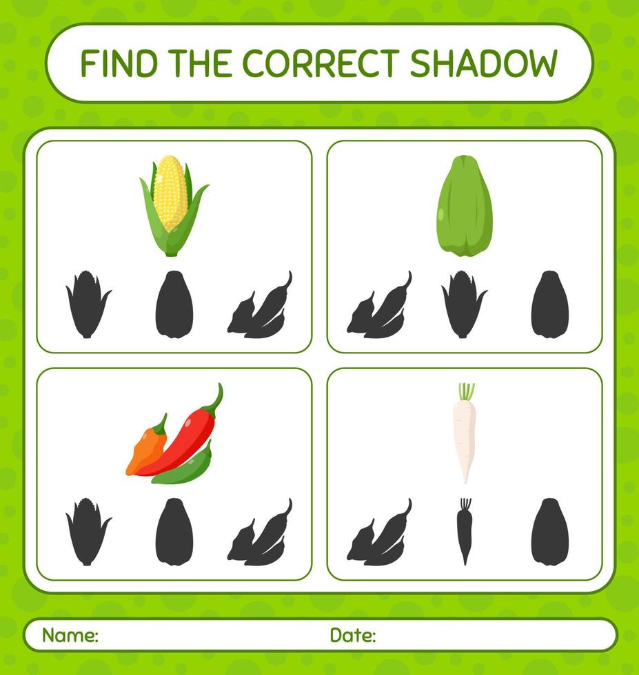 Find the correct shadows game with vegetables. worksheet for preschool kids, kids activity sheet vector