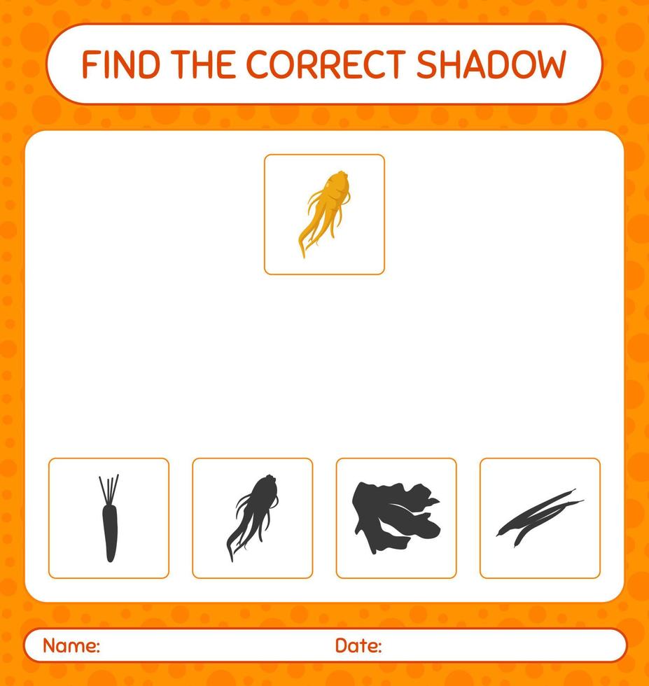 Find the correct shadows game with ginseng. worksheet for preschool kids, kids activity sheet vector