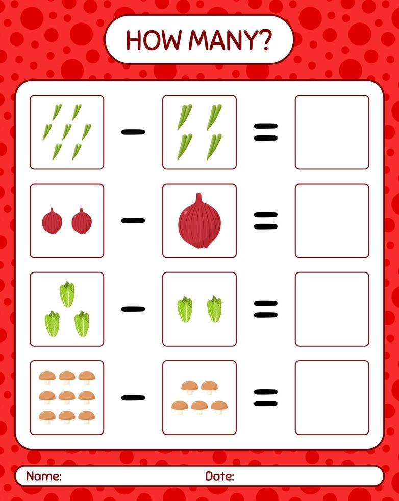 How many counting game with vegetables. worksheet for preschool kids, kids activity sheet, printable worksheet vector