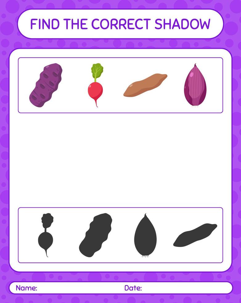 Find the correct shadows game with vegetables. worksheet for preschool kids, kids activity sheet vector