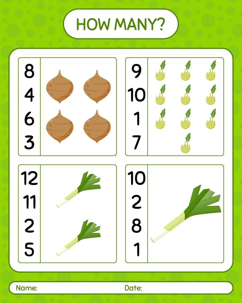 How many counting game with vegetables. worksheet for preschool kids, kids activity sheet, printable worksheet vector