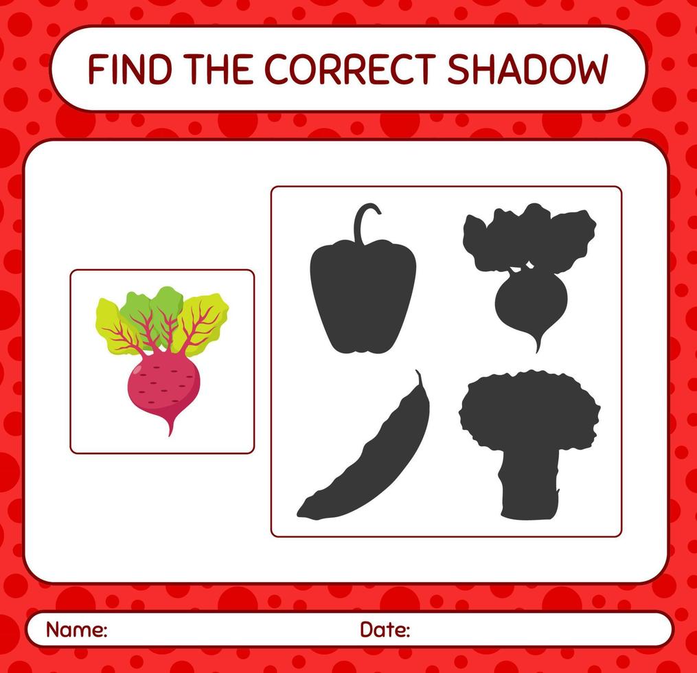 encuentra el juego de sombras correcto con raíz de remolacha. hoja de trabajo para niños en edad preescolar, hoja de actividades para niños vector