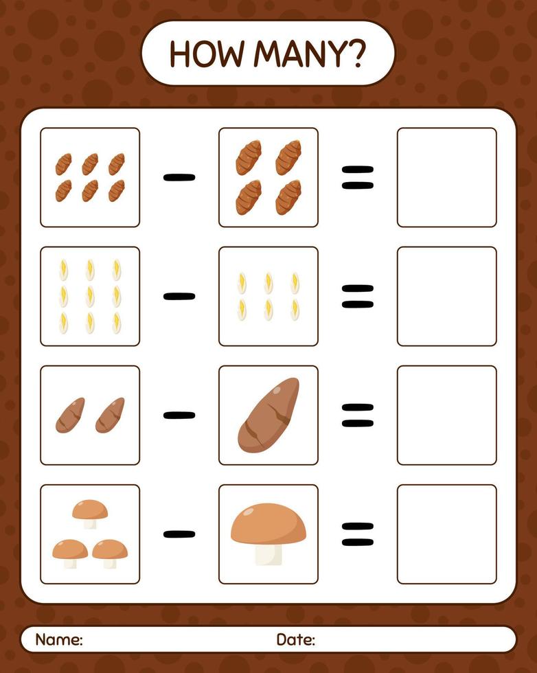 How many counting game with vegetables. worksheet for preschool kids, kids activity sheet, printable worksheet vector