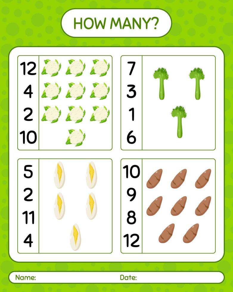 How many counting game with vegetables. worksheet for preschool kids, kids activity sheet, printable worksheet vector
