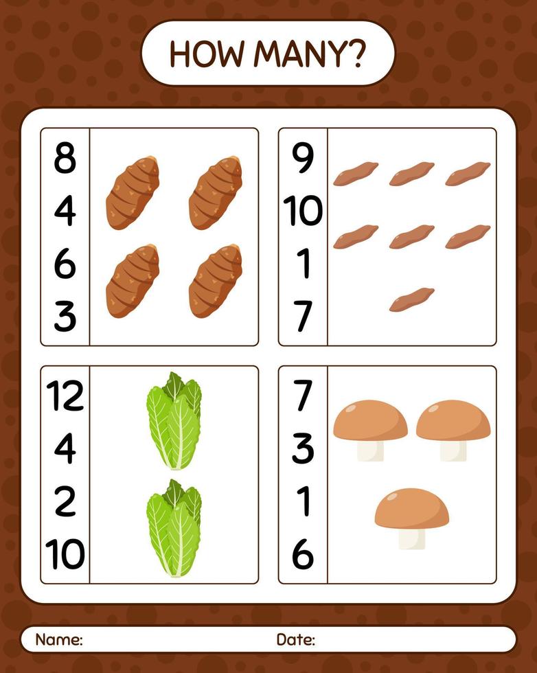 How many counting game with vegetables. worksheet for preschool kids, kids activity sheet, printable worksheet vector