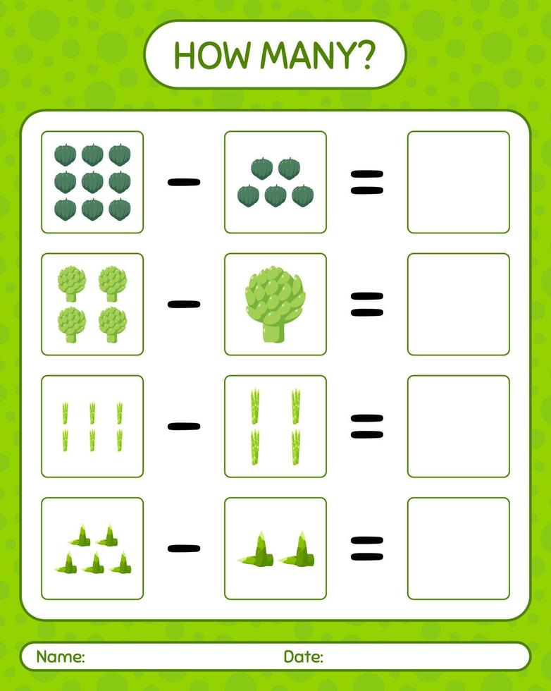 How many counting game with vegetables. worksheet for preschool kids, kids activity sheet, printable worksheet vector