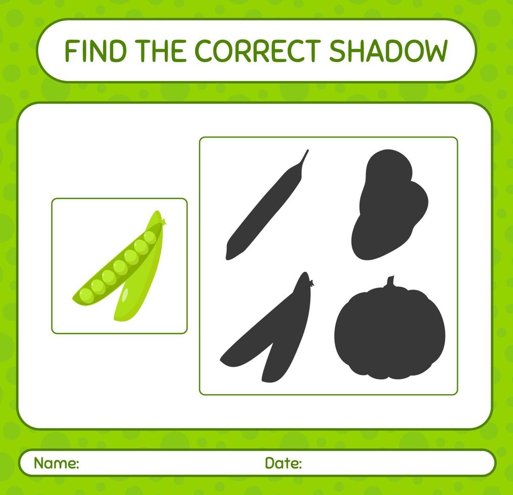 Find the correct shadows game with peas. worksheet for preschool kids, kids activity sheet vector