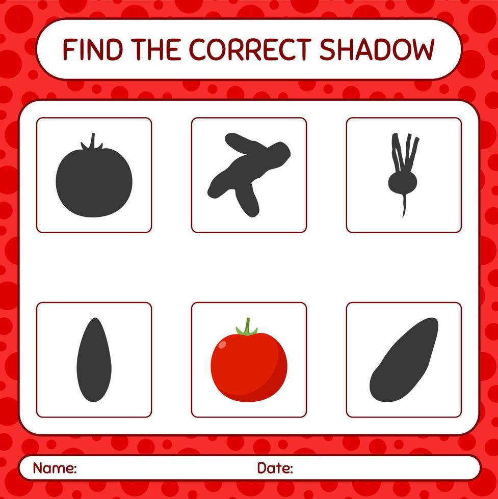 Find the correct shadows game with tomato. worksheet for preschool kids, kids activity sheet vector