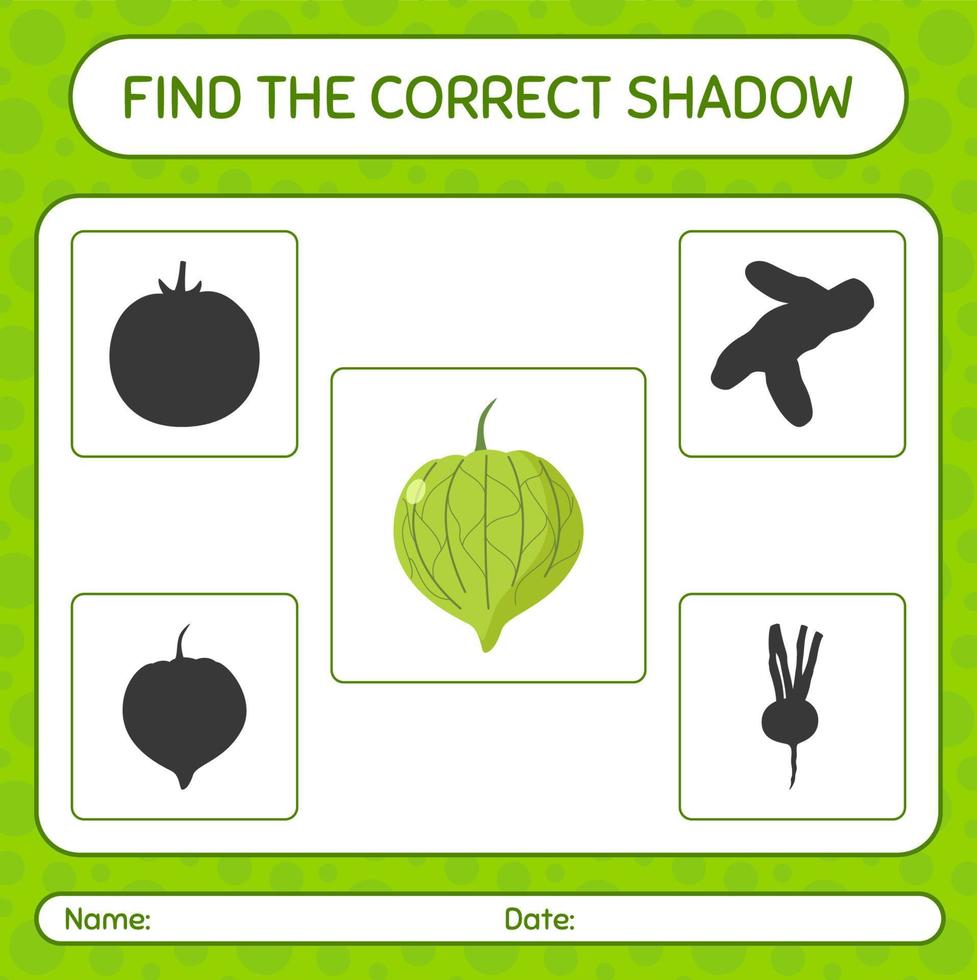 encuentra el juego de sombras correcto con tomatillo. hoja de trabajo para niños en edad preescolar, hoja de actividades para niños vector