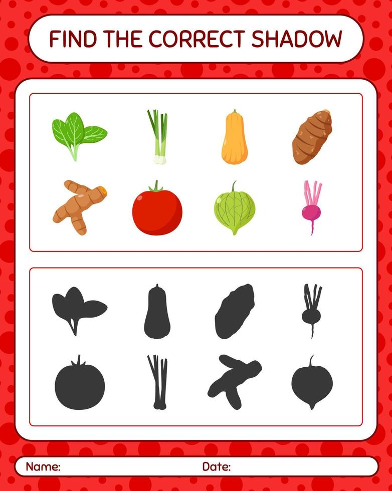 encuentra el juego de sombras correcto con vegetales. hoja de trabajo para niños en edad preescolar, hoja de actividades para niños vector