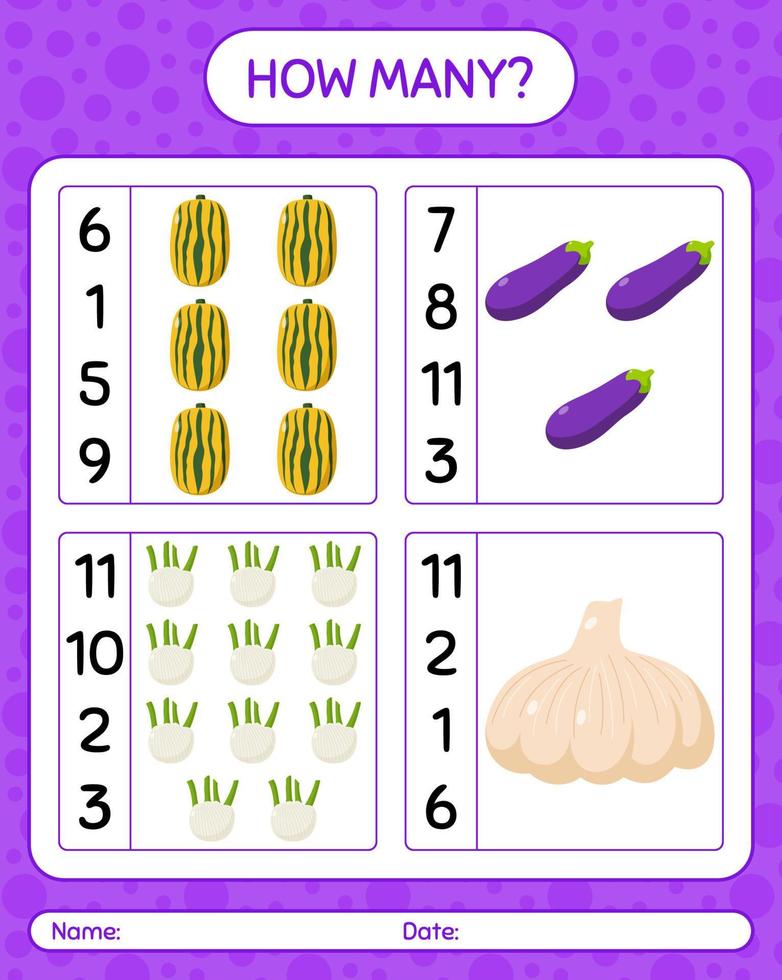 How many counting game with vegetables. worksheet for preschool kids, kids activity sheet, printable worksheet vector