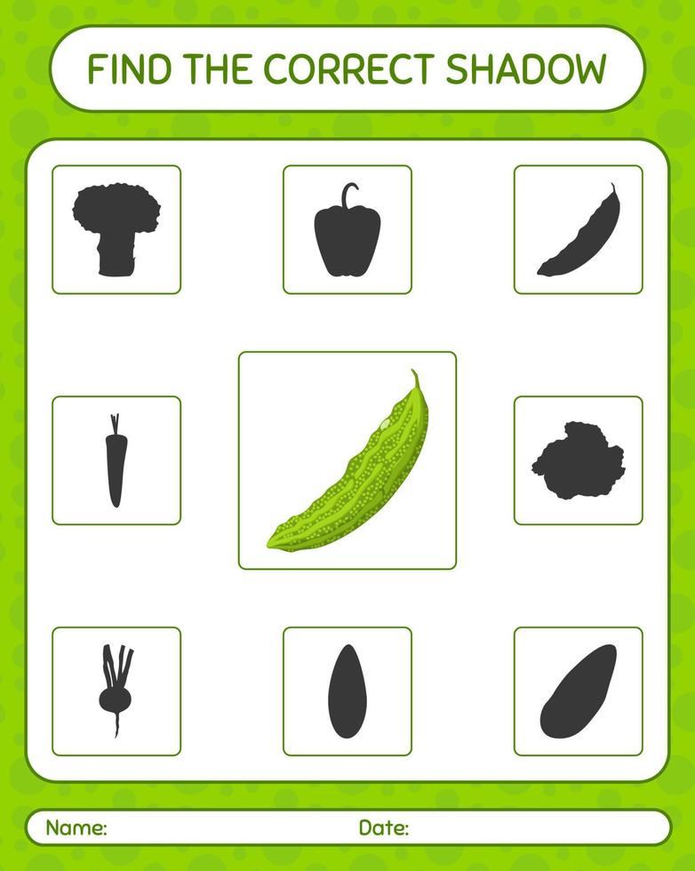 encuentra el juego de sombras correcto con melón amargo. hoja de trabajo para niños en edad preescolar, hoja de actividades para niños vector