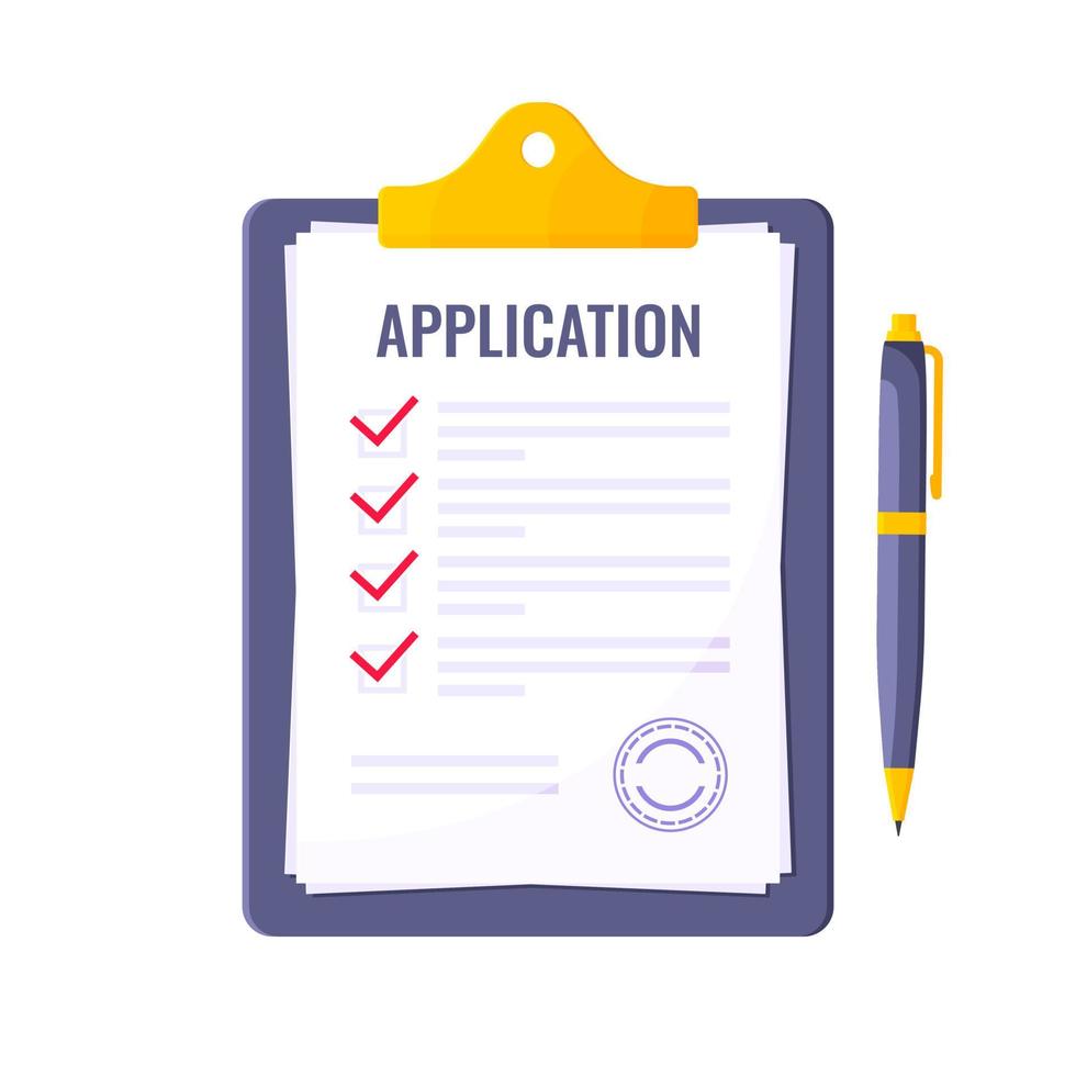 Application submit document form flat style design icon sign vector illustration isolated on white background. Complete application or survey document business concept with text contract stamp.