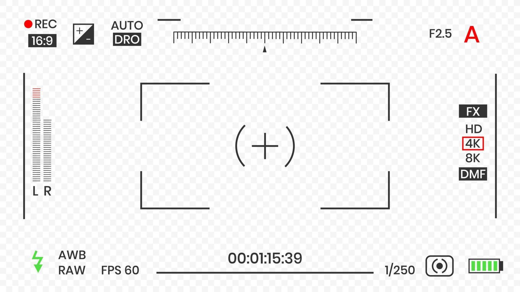 Camera viewfinder video or photo frame recorder flat style design vector illustration. Digital camera viewfinder with exposure settings and focusing grid template.